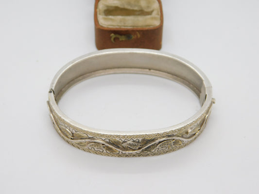 Victorian Gold & Sterling Silver Leaf Pattern Cuff Bangle Bracelet c1880 Antique