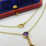 Edwardian 9ct Gold, Amethyst & Pearl Lavalier Drop Necklace on 15ct Gold Chain c1910 Antique