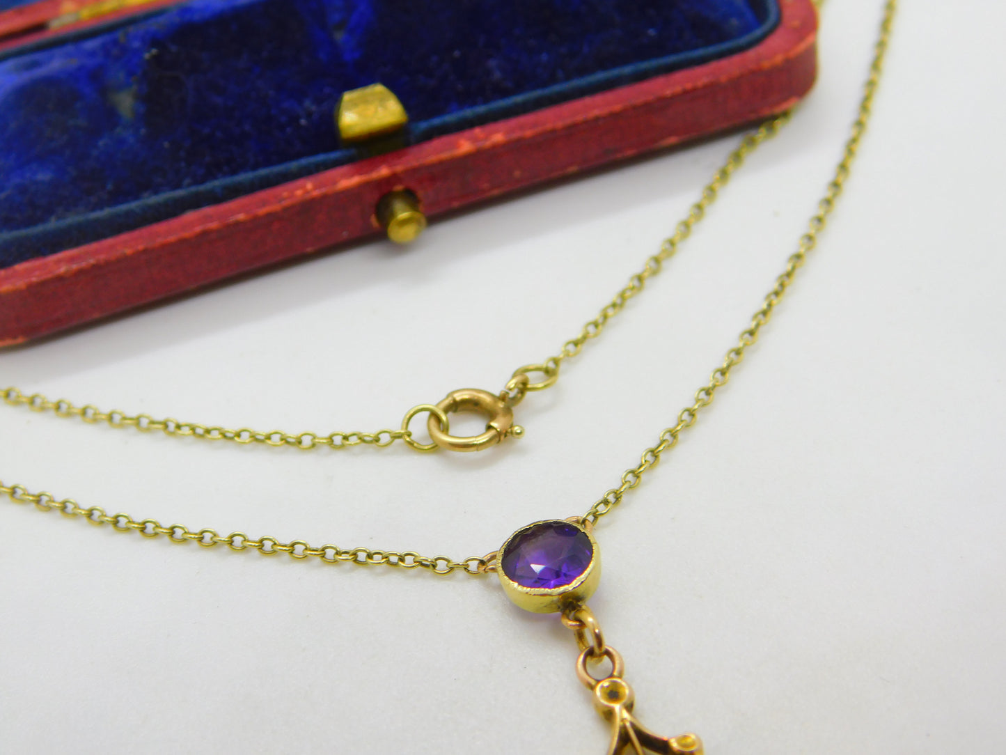 Edwardian 9ct Gold, Amethyst & Pearl Lavalier Drop Necklace on 15ct Gold Chain c1910 Antique