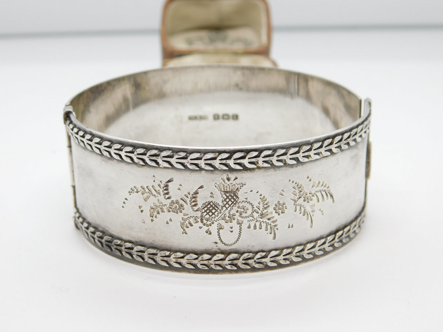 Sterling Silver Thistle & Floral Pattern Cuff Bangle Bracelet Antique 1935 Deco