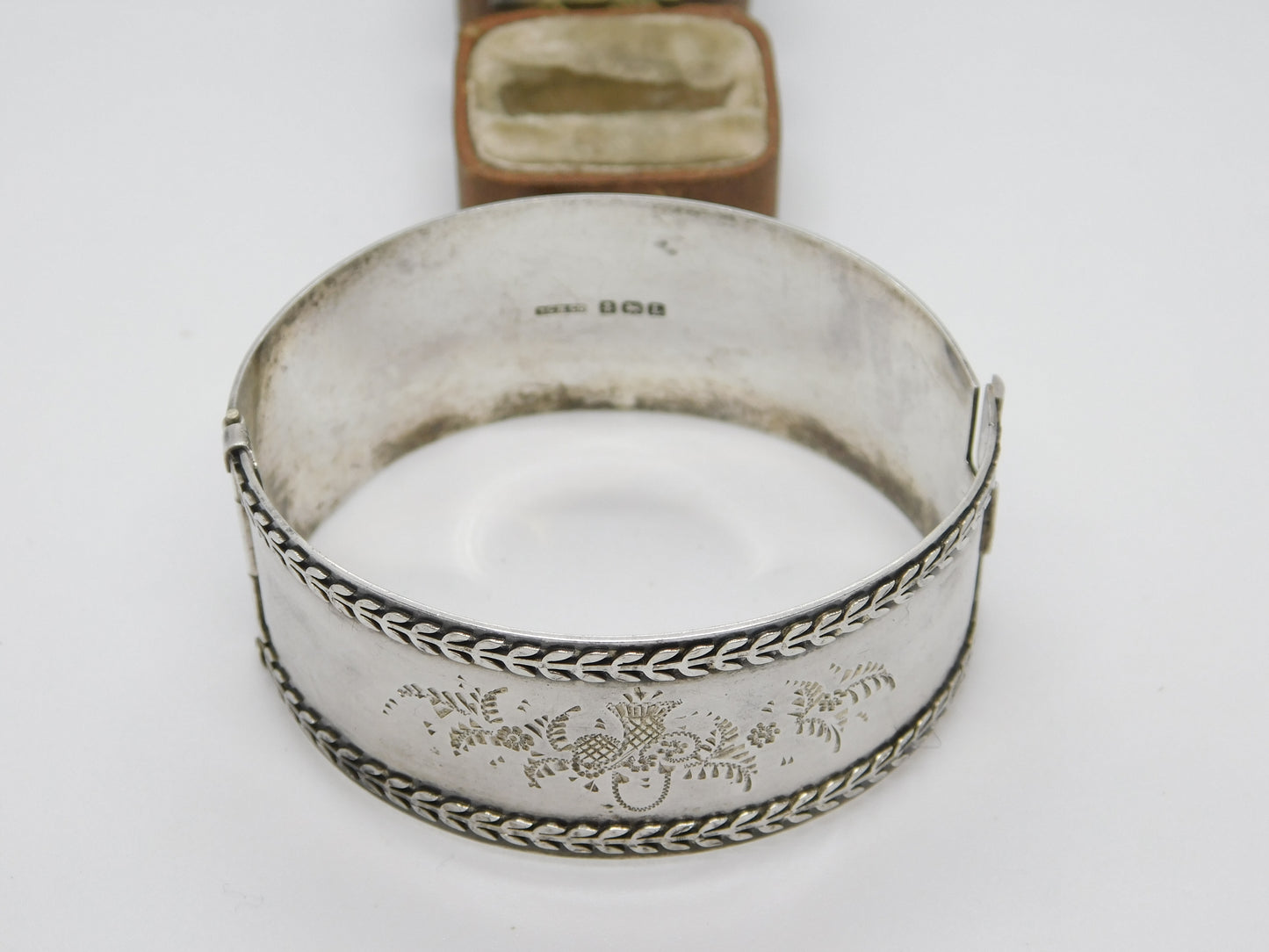 Sterling Silver Thistle & Floral Pattern Cuff Bangle Bracelet Antique 1935 Deco