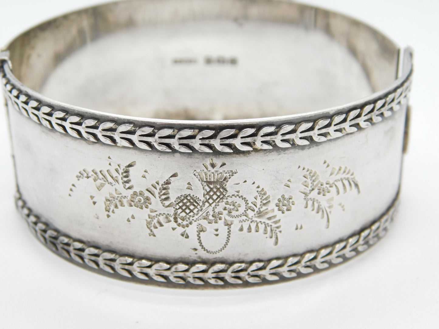 Sterling Silver Thistle & Floral Pattern Cuff Bangle Bracelet Antique 1935 Deco