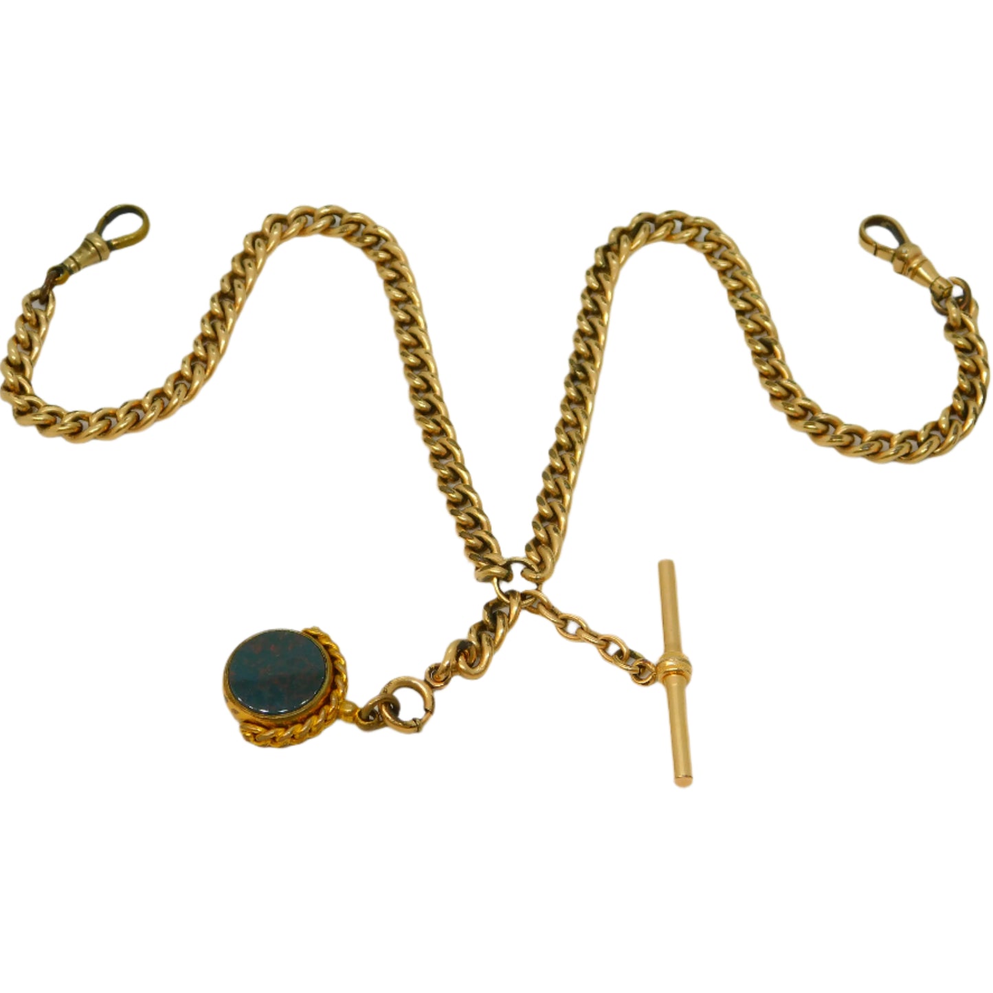 Victorian Rolled Gold Double Albert Watch Chain T-Bar & Fob Antique c1890