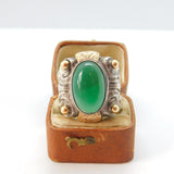 Sterling Silver, 9ct Gold & Green Chalcedony Cabochon Aztec Style Ring Antique