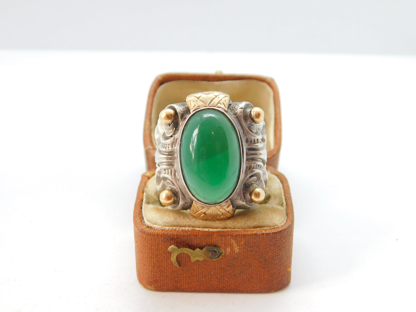 Sterling Silver, 9ct Gold & Green Chalcedony Cabochon Aztec Style Ring Antique