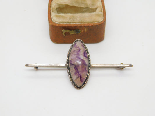 Sterling Silver Derbyshire Blue John Bar Brooch Antique c1930 Art Deco