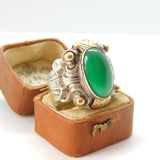 Sterling Silver, 9ct Gold & Green Chalcedony Cabochon Aztec Style Ring Antique