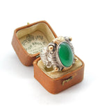 Sterling Silver, 9ct Gold & Green Chalcedony Cabochon Aztec Style Ring Antique