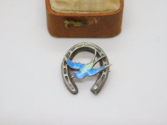 Sterling Silver Enamel Swallow & Horseshoe Sweetheart Brooch 1924 Antique