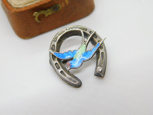 Sterling Silver Enamel Swallow & Horseshoe Sweetheart Brooch 1924 Antique