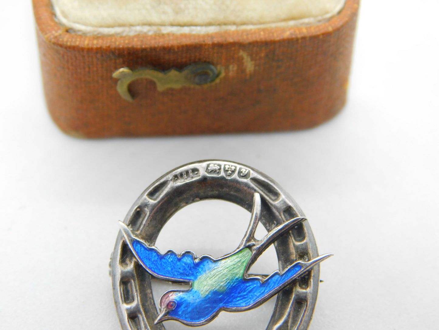 Sterling Silver Enamel Swallow & Horseshoe Sweetheart Brooch 1924 Antique