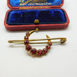 Victorian 15ct Yellow Gold & Garnet Set Crescent Moon Brooch Antique c1880