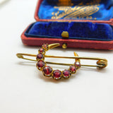 Victorian 15ct Yellow Gold & Garnet Set Crescent Moon Brooch Antique c1880