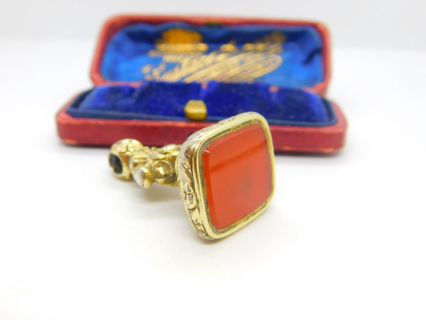 Victorian Sterling Silver Gilt & Carnelian Set Ornate Fob Seal Pendant c1860