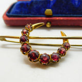 Victorian 15ct Yellow Gold & Garnet Set Crescent Moon Brooch Antique c1880