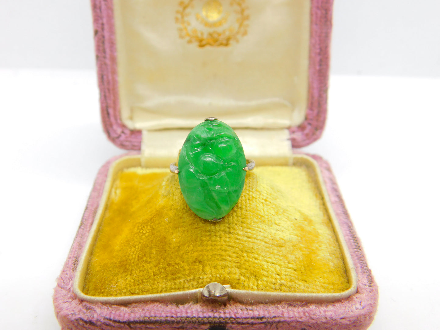 Chinese 18ct White Gold Carved Floral Apple Green Jade Ring c1920 Antique