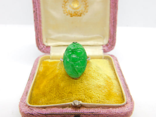 Chinese 18ct White Gold Carved Floral Apple Green Jade Ring c1920 Antique