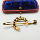 Victorian 15ct Yellow Gold & Garnet Set Crescent Moon Brooch Antique c1880