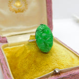 Chinese 18ct White Gold Carved Floral Apple Green Jade Ring c1920 Antique