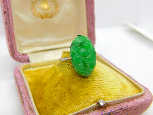 Chinese 18ct White Gold Carved Floral Apple Green Jade Ring c1920 Antique