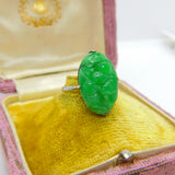 Chinese 18ct White Gold Carved Floral Apple Green Jade Ring c1920 Antique