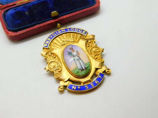 Sterling Silver Gilt & Enamel 'Phrygian Lodge' Masonic Fob Pendant Antique c1913