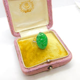 Chinese 18ct White Gold Carved Floral Apple Green Jade Ring c1920 Antique