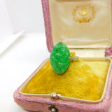 Chinese 18ct White Gold Carved Floral Apple Green Jade Ring c1920 Antique