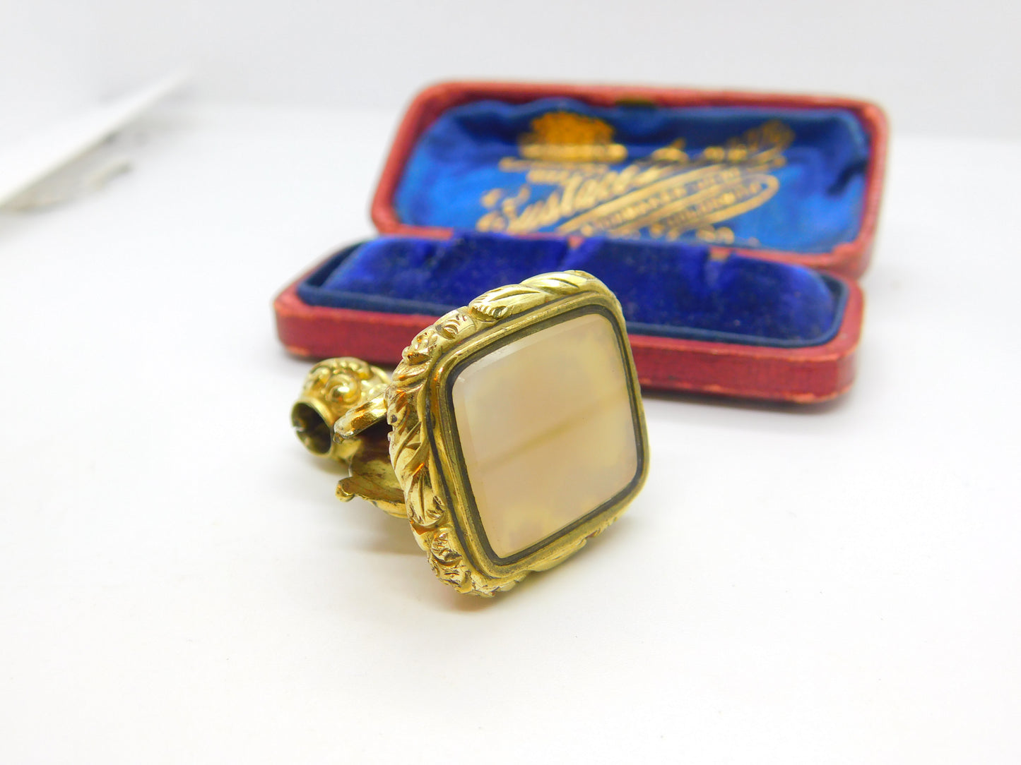 Victorian Yellow Metal & Chalcedony Set Fox Mask Form Fob Seal Pendant c1860