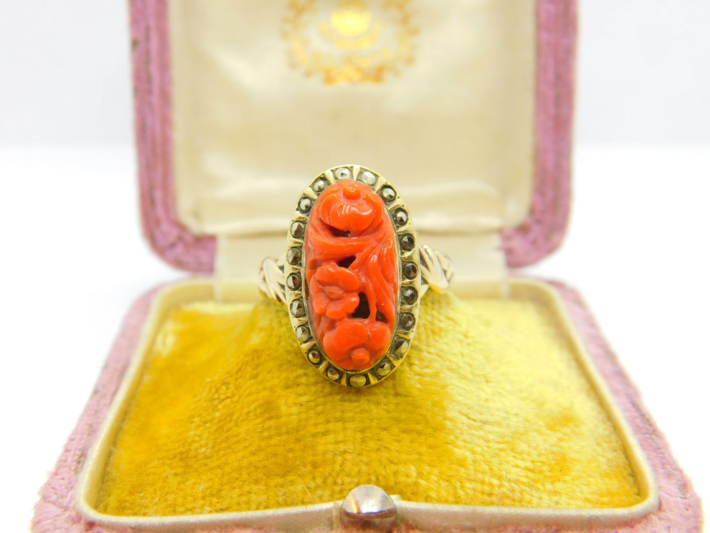 Chinese 9ct Gold, Carved Red Coral & Pyrite Set Floral Ring Antique c1920 Deco