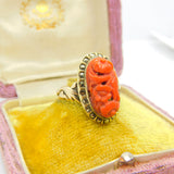 Chinese 9ct Gold, Carved Red Coral & Pyrite Set Floral Ring Antique c1920 Deco