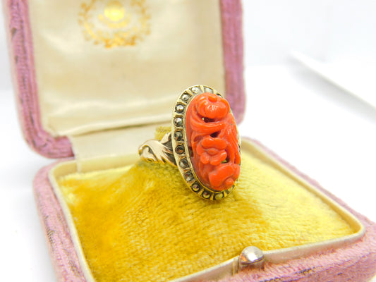 Chinese 9ct Gold, Carved Red Coral & Pyrite Set Floral Ring Antique c1920 Deco