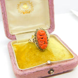 Chinese 9ct Gold, Carved Red Coral & Pyrite Set Floral Ring Antique c1920 Deco