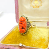 Chinese 9ct Gold, Carved Red Coral & Pyrite Set Floral Ring Antique c1920 Deco