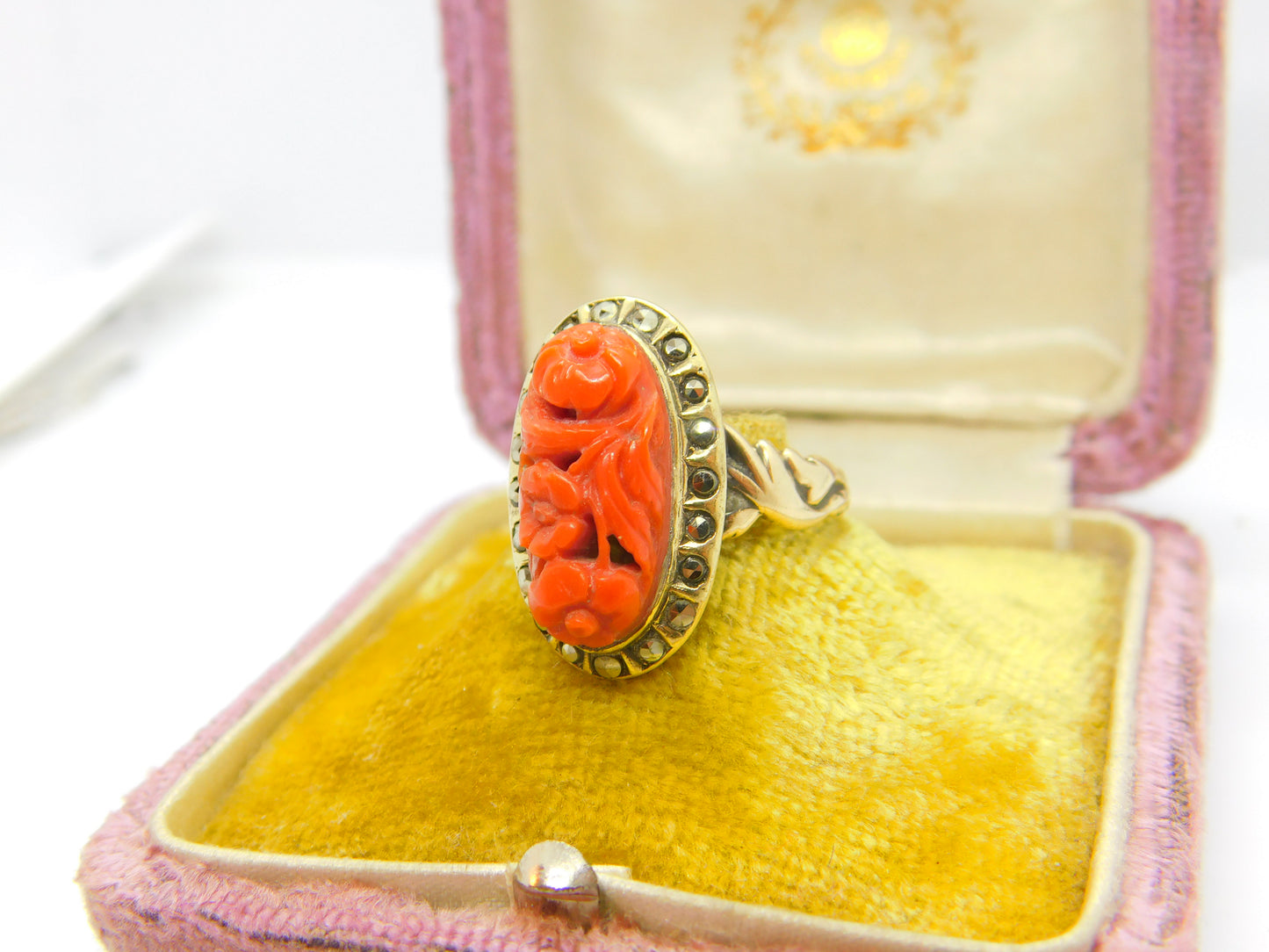 Chinese 9ct Gold, Carved Red Coral & Pyrite Set Floral Ring Antique c1920 Deco