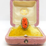 Chinese 9ct Gold, Carved Red Coral & Pyrite Set Floral Ring Antique c1920 Deco