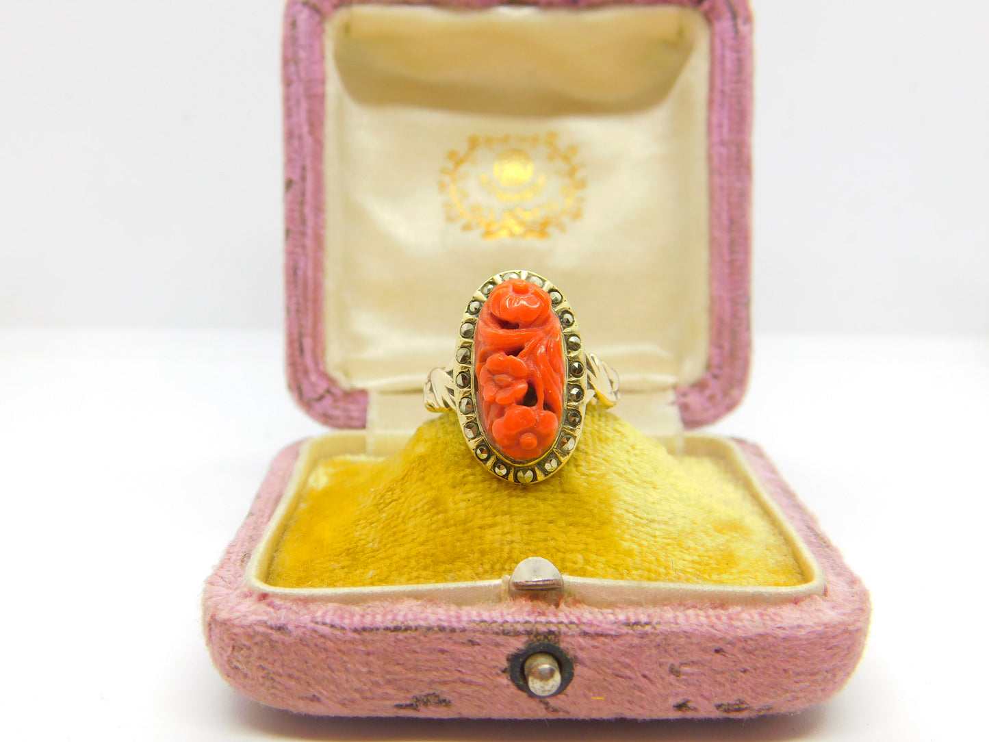 Chinese 9ct Gold, Carved Red Coral & Pyrite Set Floral Ring Antique c1920 Deco