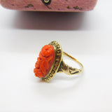 Chinese 9ct Gold, Carved Red Coral & Pyrite Set Floral Ring Antique c1920 Deco