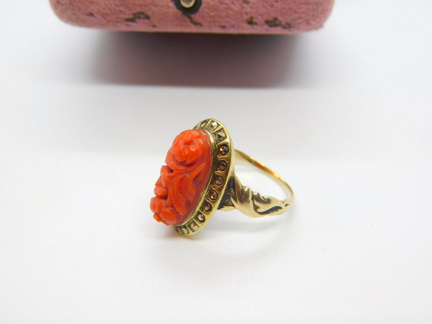 Chinese 9ct Gold, Carved Red Coral & Pyrite Set Floral Ring Antique c1920 Deco