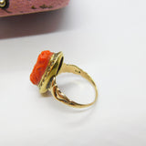 Chinese 9ct Gold, Carved Red Coral & Pyrite Set Floral Ring Antique c1920 Deco