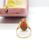 Chinese 9ct Gold, Carved Red Coral & Pyrite Set Floral Ring Antique c1920 Deco