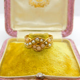 Victorian 18ct Yellow Gold, Seed Pearl & Coral Bead Crossover Ring c1860 Antique