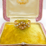 Victorian 18ct Yellow Gold, Seed Pearl & Coral Bead Crossover Ring c1860 Antique