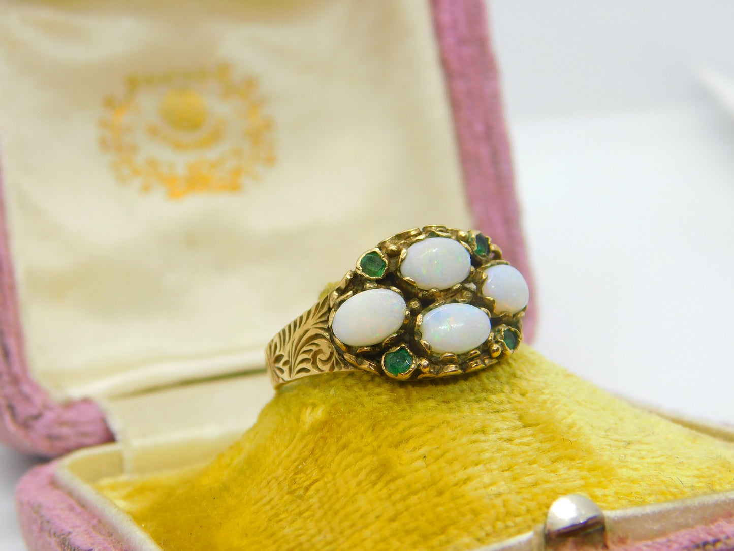 9ct Yellow Gold, Cabochon Opal & Emerald Statement Ring 1993 Birmingham