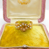 Victorian 18ct Yellow Gold, Seed Pearl & Coral Bead Crossover Ring c1860 Antique