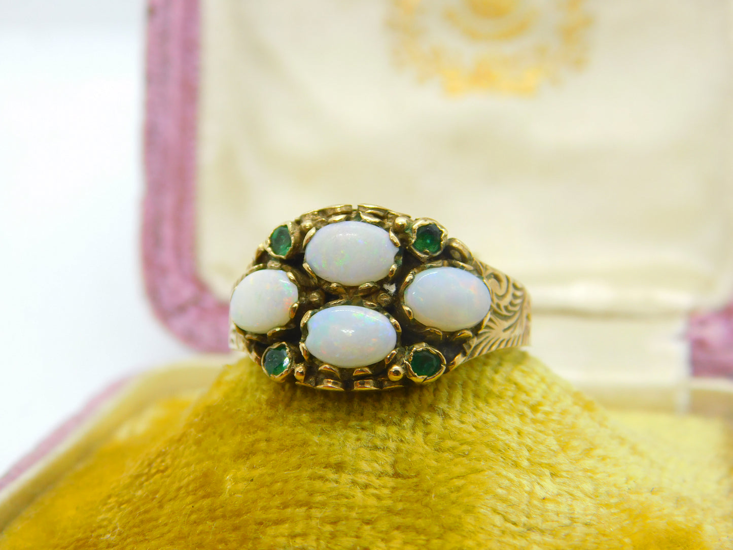 9ct Yellow Gold, Cabochon Opal & Emerald Statement Ring 1993 Birmingham