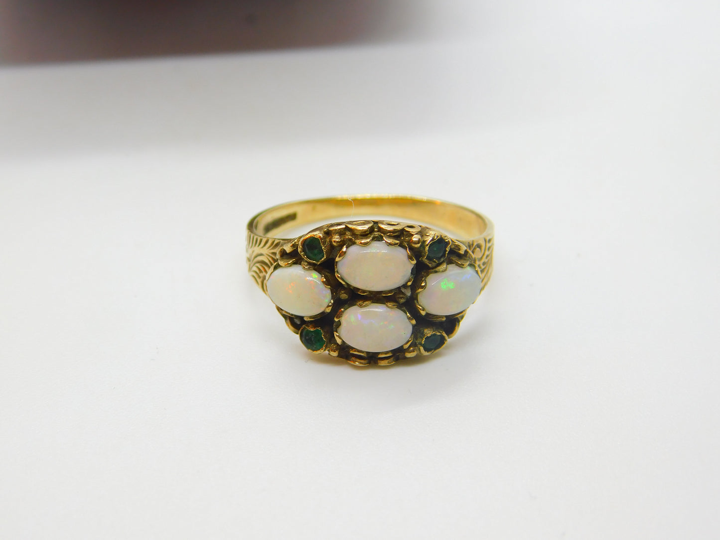 9ct Yellow Gold, Cabochon Opal & Emerald Statement Ring 1993 Birmingham