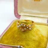 Victorian 18ct Yellow Gold, Seed Pearl & Coral Bead Crossover Ring c1860 Antique