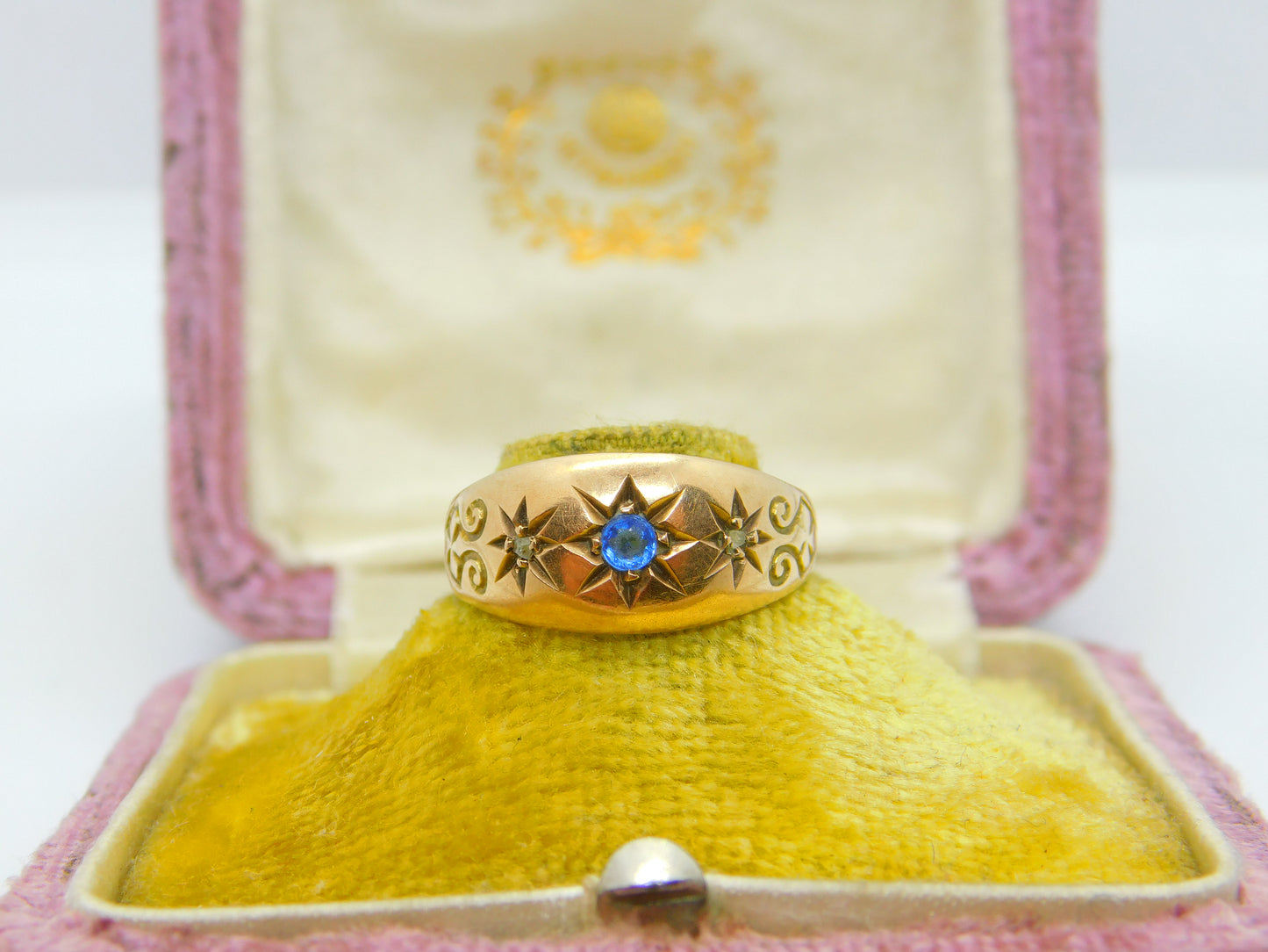 Edwardian 9ct Yellow Gold, Sapphire & Diamond Boat Ring 1910 Birmingham Antique