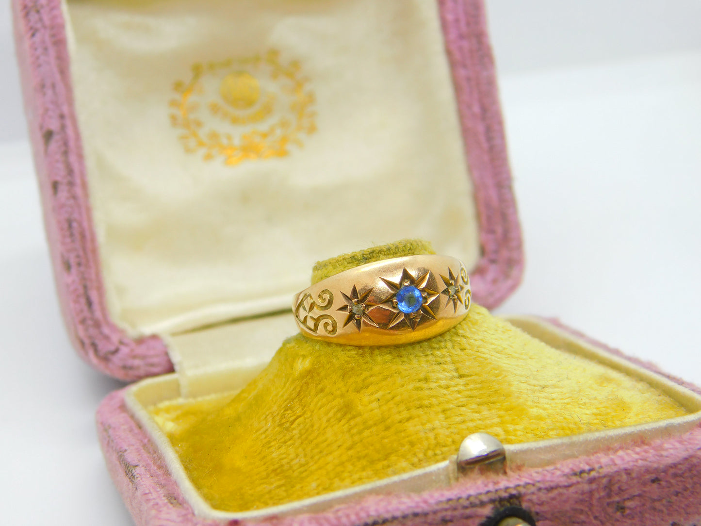 Edwardian 9ct Yellow Gold, Sapphire & Diamond Boat Ring 1910 Birmingham Antique